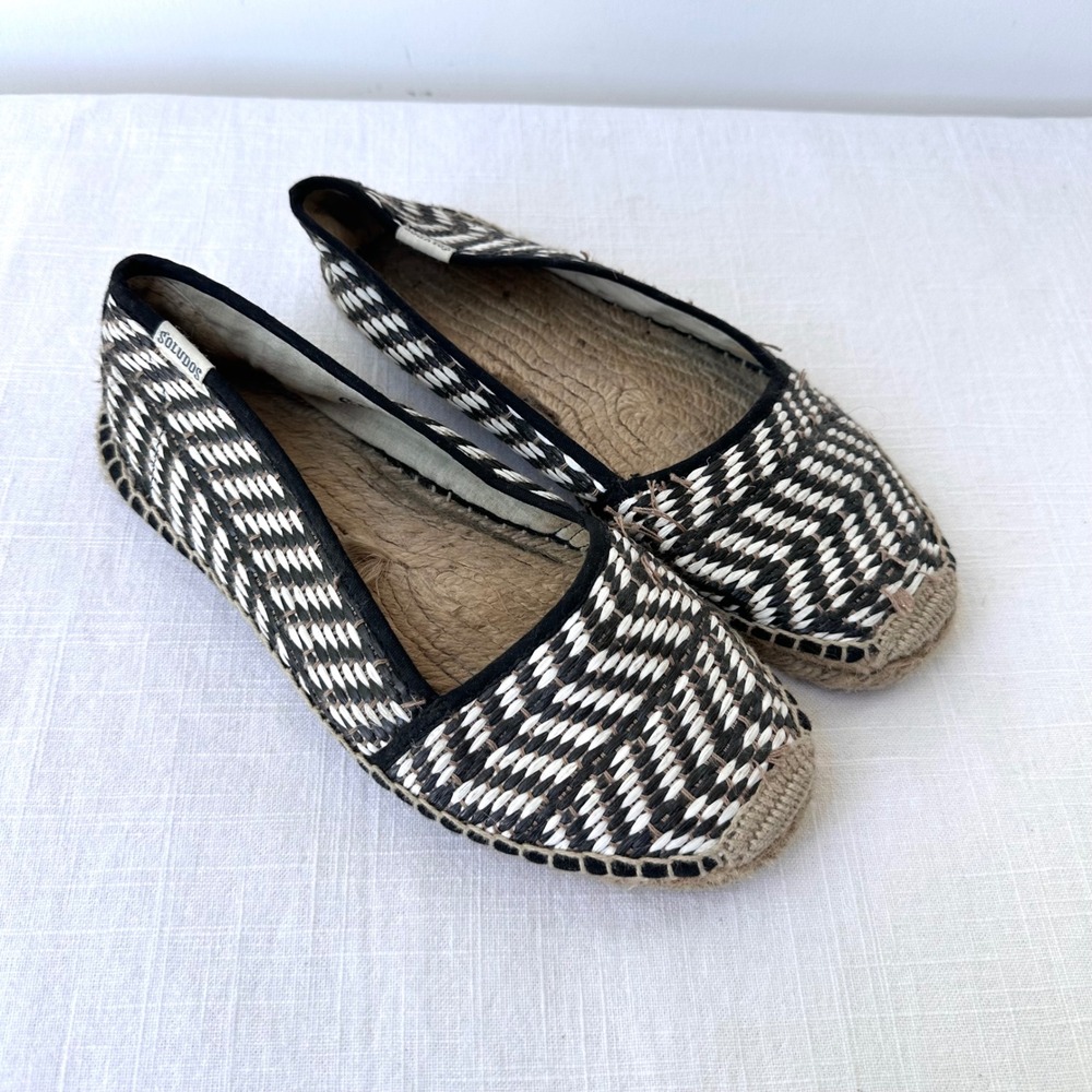 Soludos Womens Black White Woven Chevron Espadrille Flats Shoes Size 38 AF2
